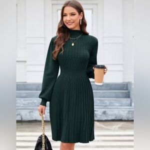 YesFashion Lantern Sleeve Mock Neck Ribbed Long Sleeve Dark Green Dress Large